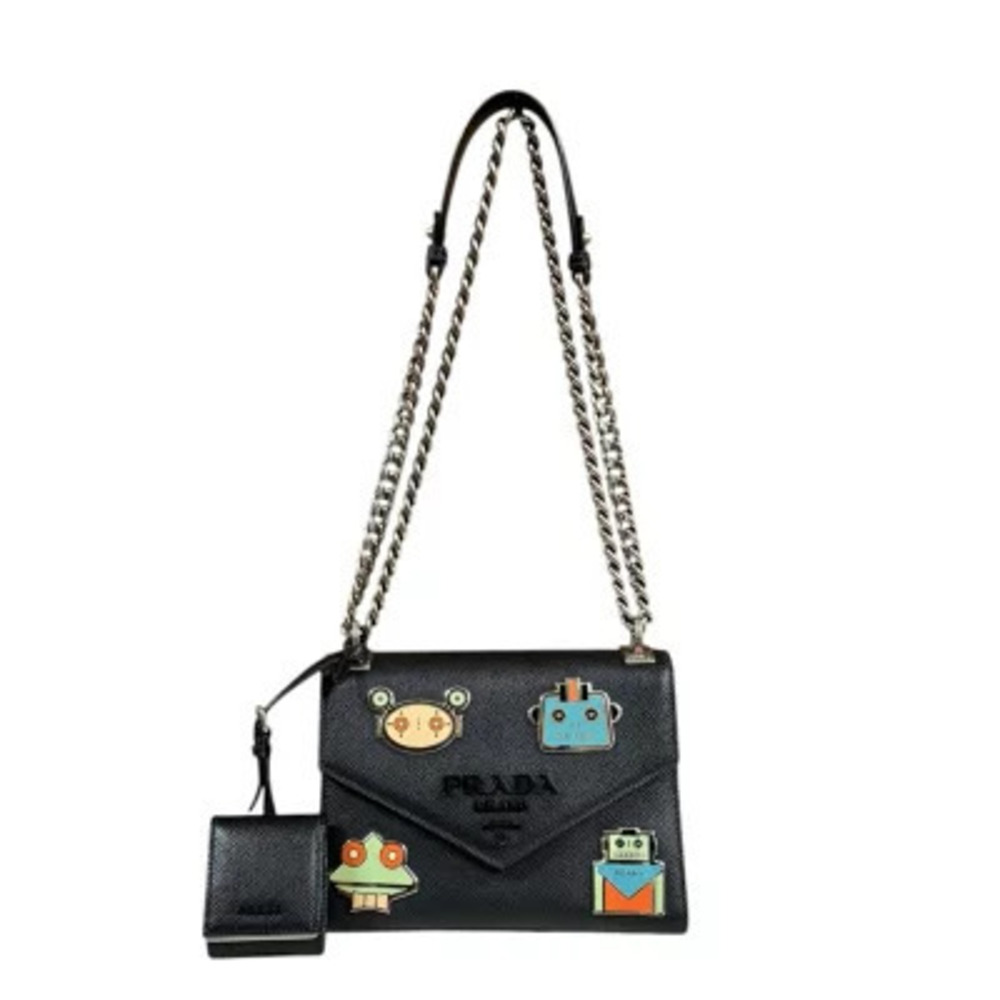 Prada Monochrome Shoulder Bag Leather Black Double Chain
